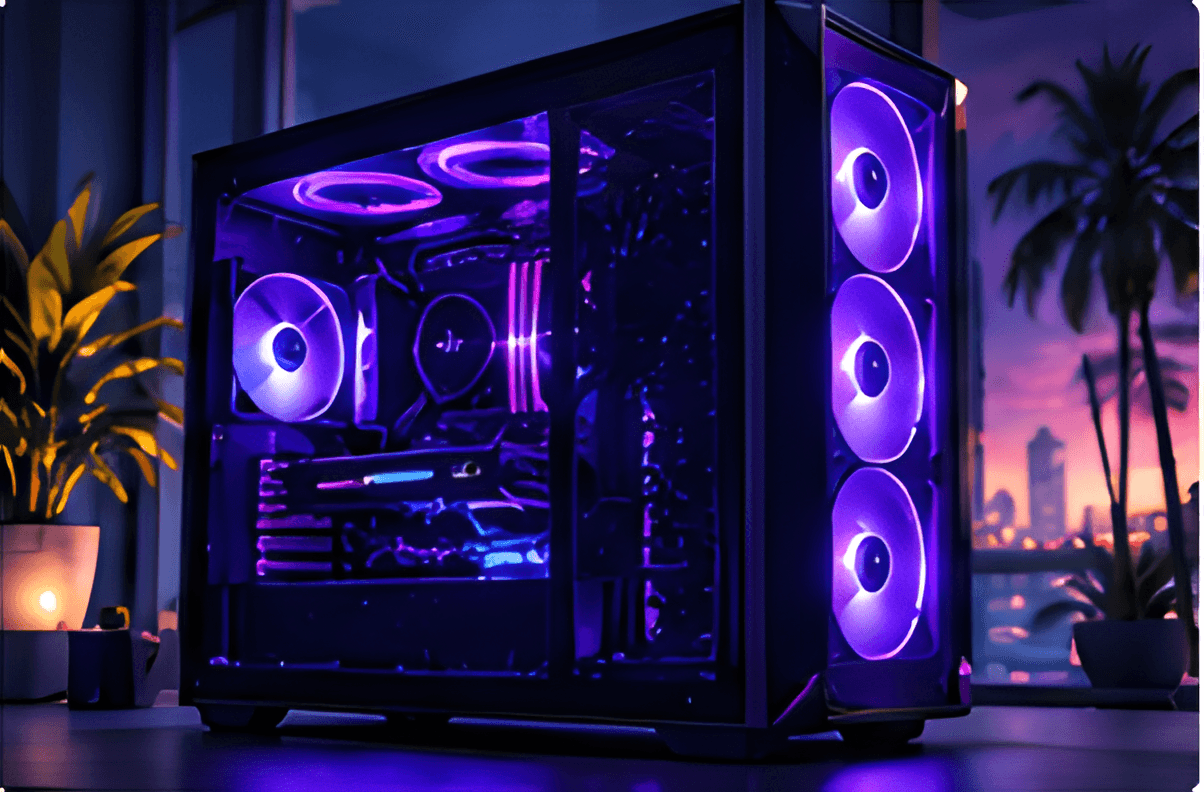 Gaming-PC mit violett beleuchteten Lüftern vor einem Fenster mit Palmen
